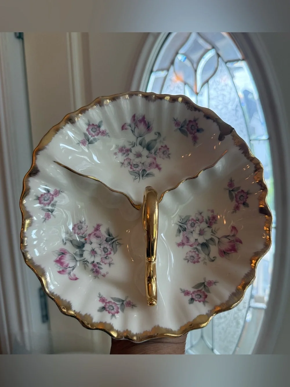 Antique 22k Gold Trim Divided Floral Relish Serving Dish Bowl with Handle